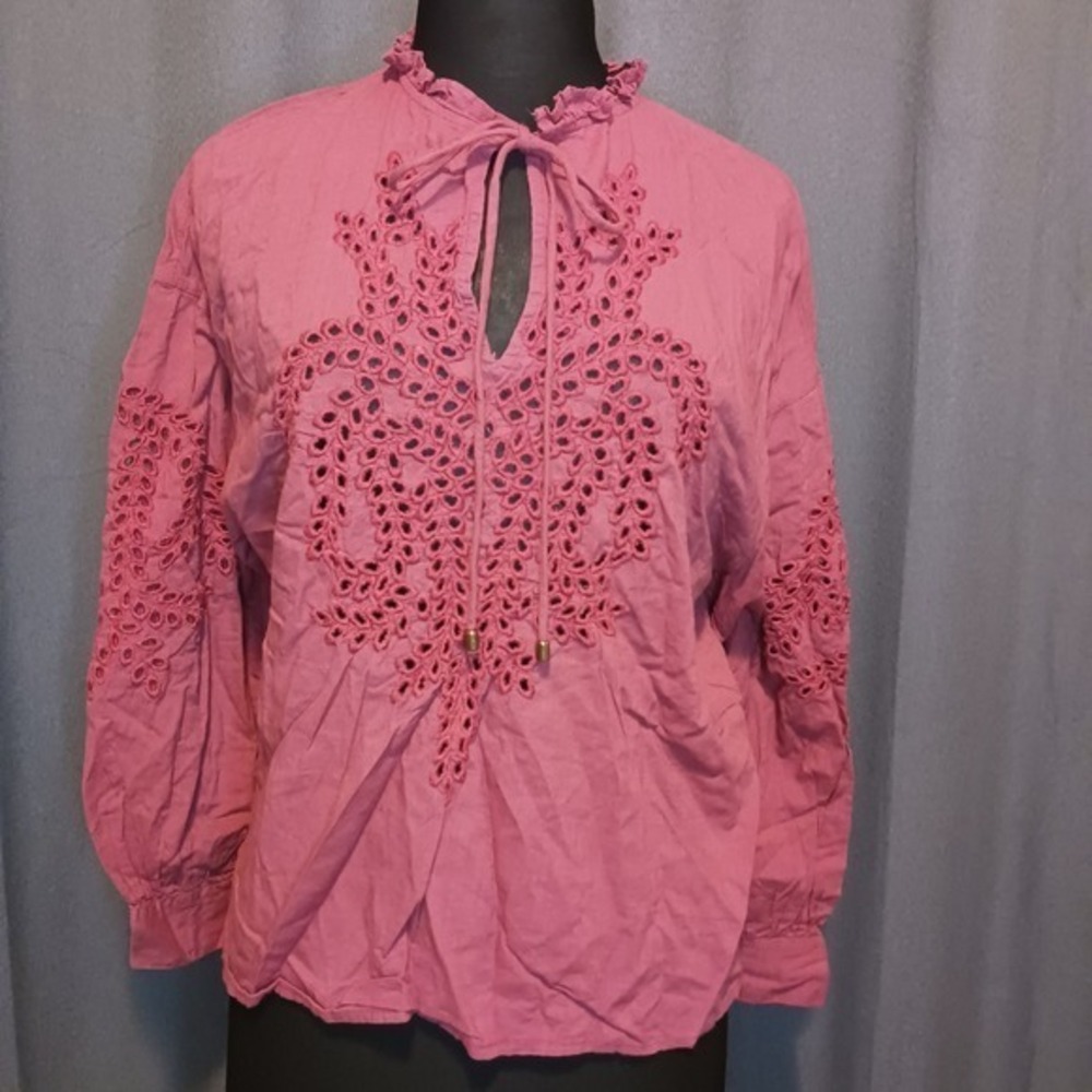Zara Boho Coquette Eyelet‎ Embroidered Blouse Ruffle Tie Long Sleeve Top Medium
